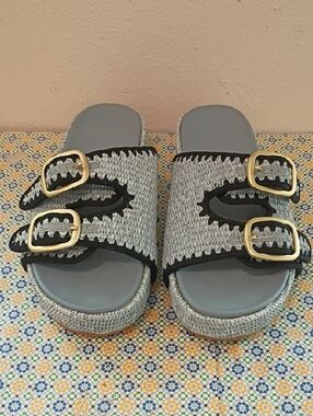 Baby Blue Chunky Platform Slides Boho Summer Sandals Size 9.5